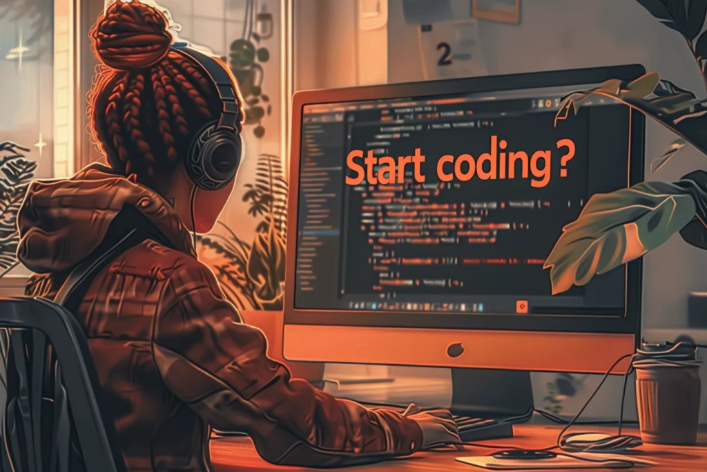 Une étudiante devant son ordinateur se demandant si elle doit apprendre à coder en 2024.