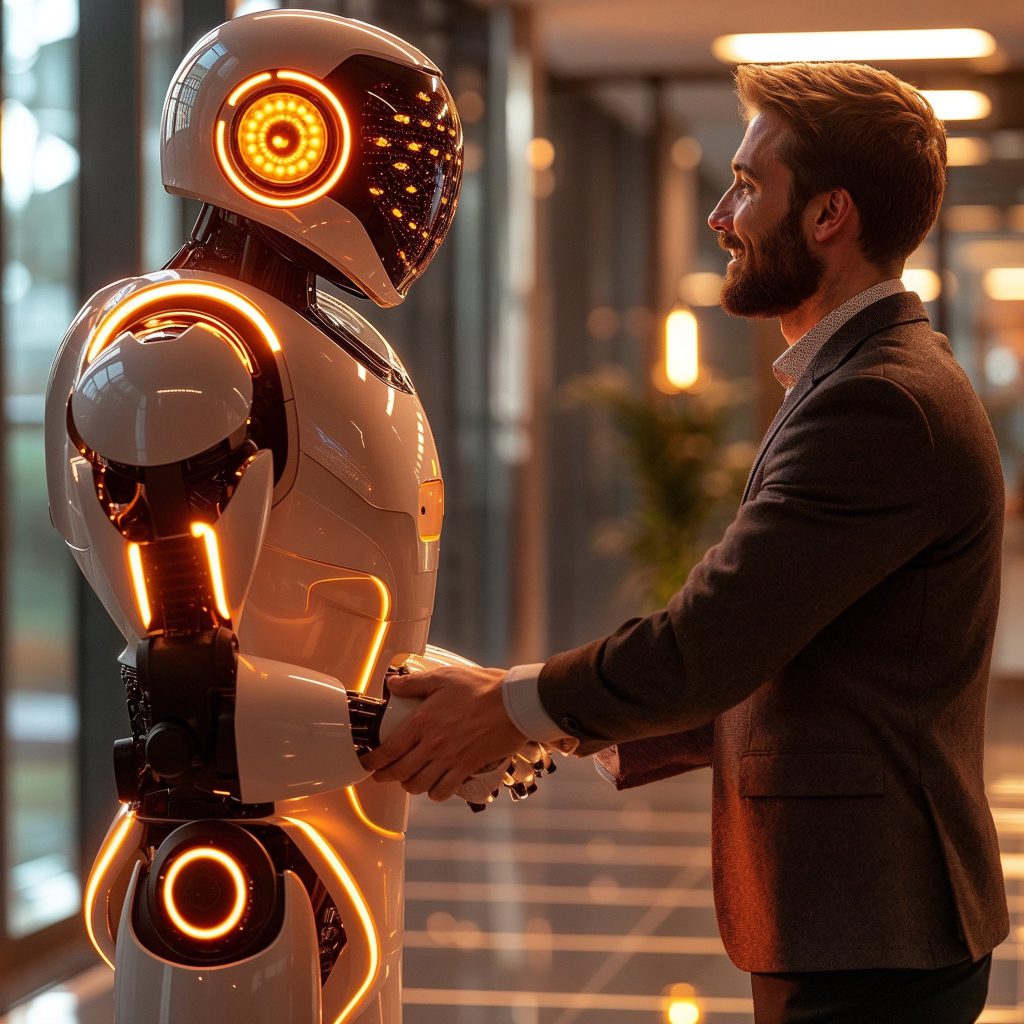 A nice-looking robot is shaking hands with a smiling man in an office